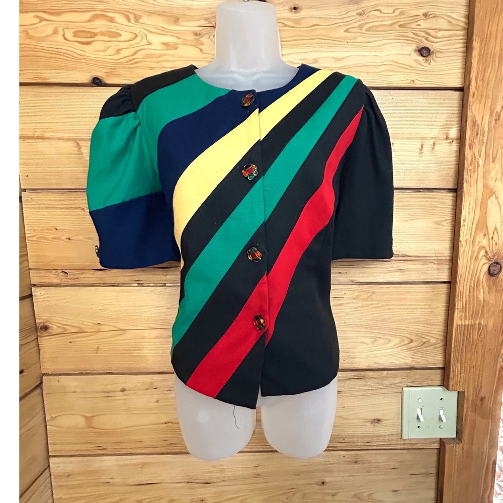 Vintage Alina J Fashions Color Block Blazer Top Puff Sleeve Jewel Button Retro